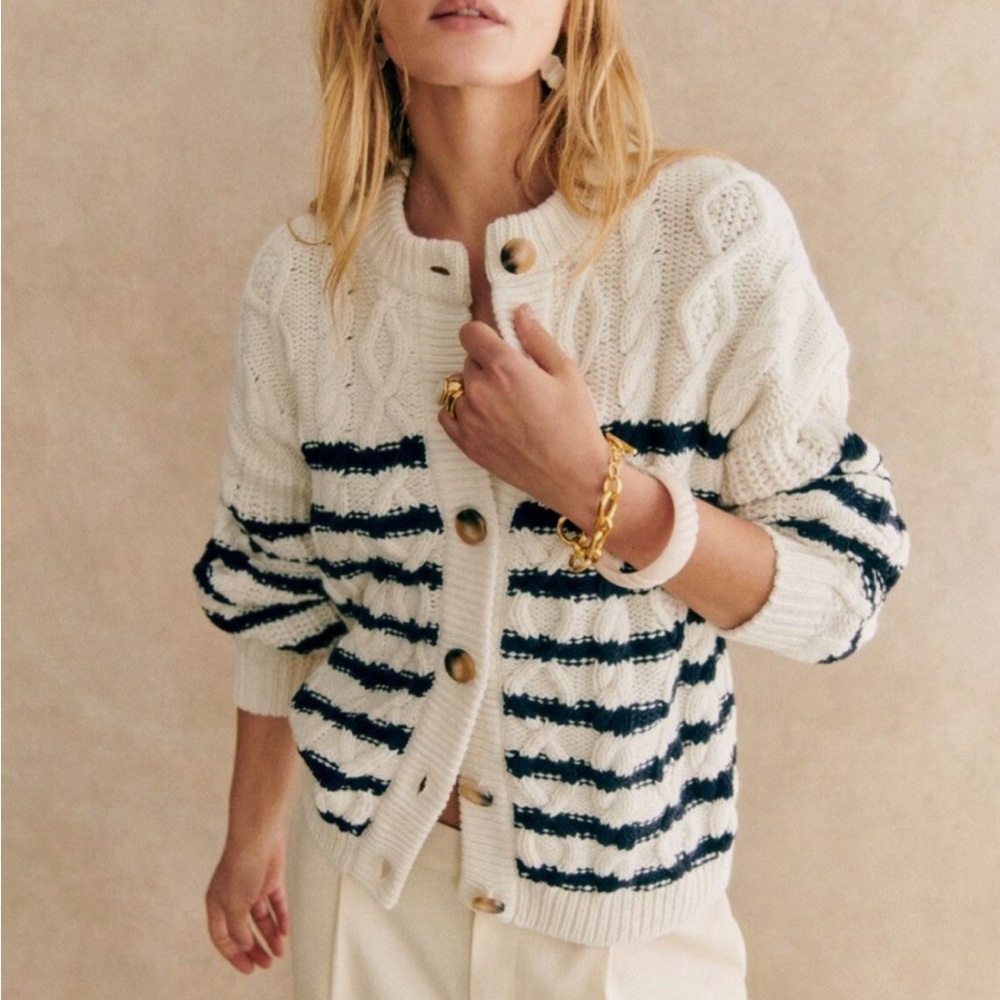 Sezane Sean Cardigan Ecru / Navy - Size XL - Picture 2 of 7